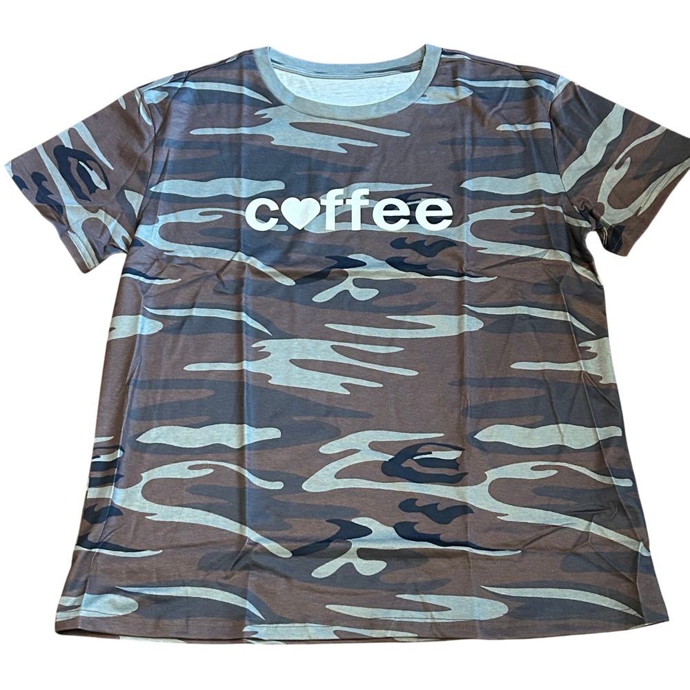 Camo Coffee Heart Graphic T-Shirt Women's XL Casual‎ Trendy Top
